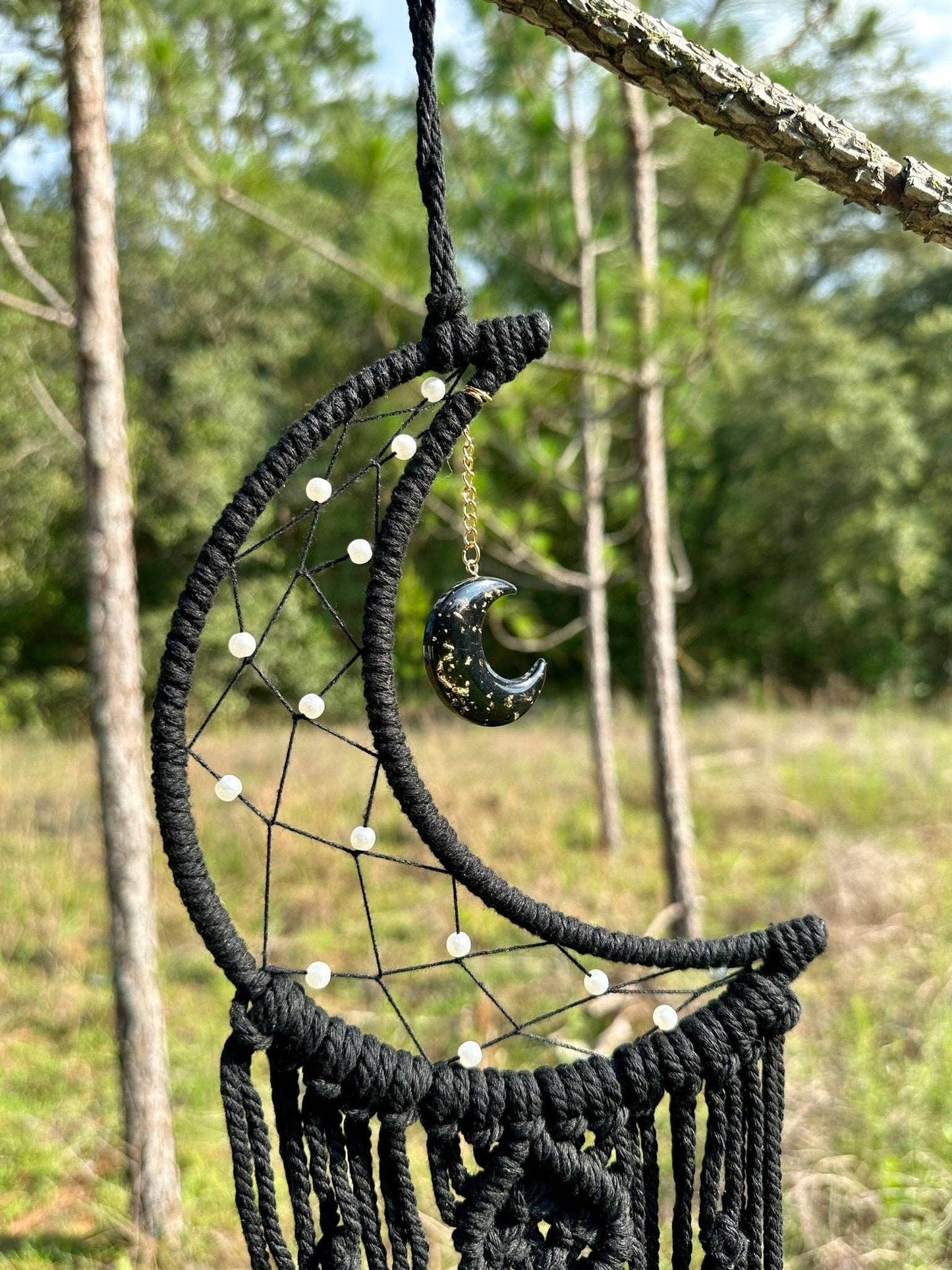 Macrame Wall Hanging Crescent Moon Dream Catcher with Moon Charm, Modern Boho Style Home Decor -- Black or Cream