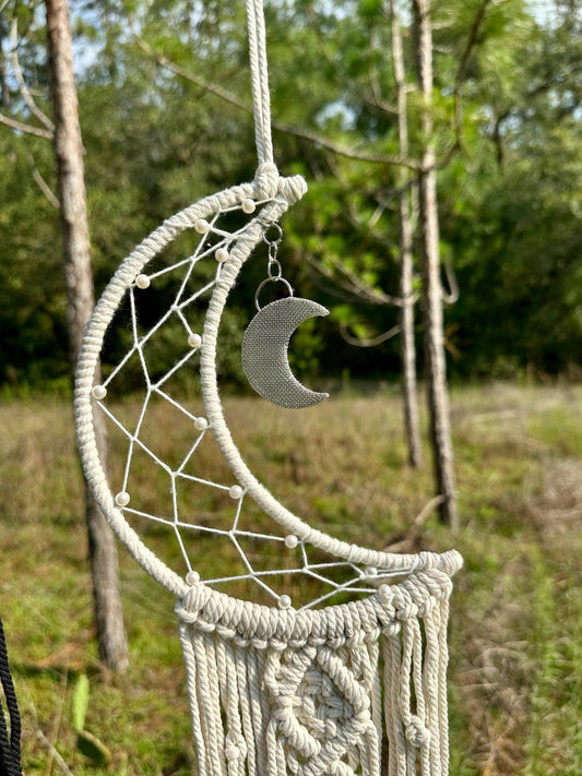 Macrame Wall Hanging Crescent Moon Dream Catcher with Moon Charm, Modern Boho Style Home Decor -- Black or Cream