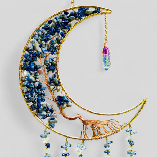 Gold Metal Crescent Moon Dreamcatcher Suncatcher with Lapis Lazuli Tree of Life & Hanging Jewel Charms