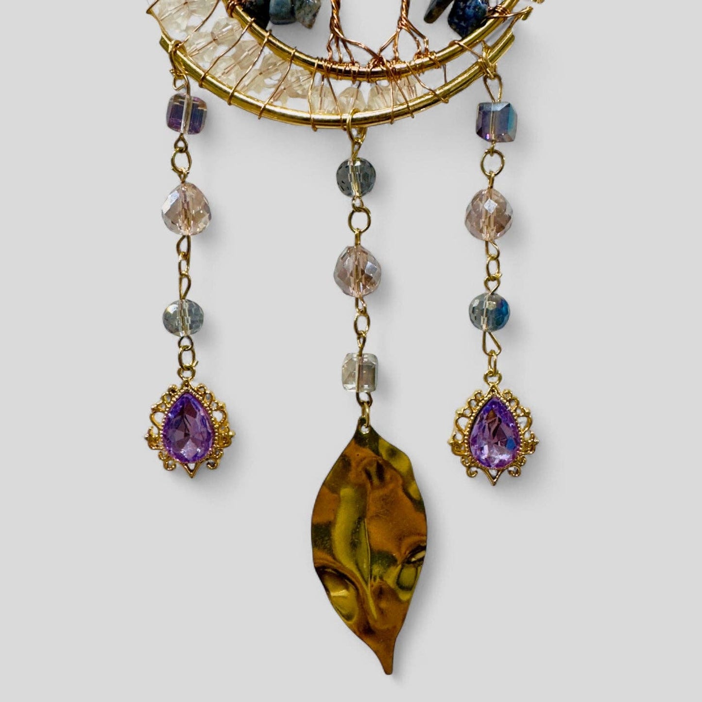 Gold Metal Dual Ring Dreamcatcher with 2 Trees of Life Lapis Lazuli Stones & Hanging Jewel Charms -- Rearview Mirror Hanging or Wall Hanging