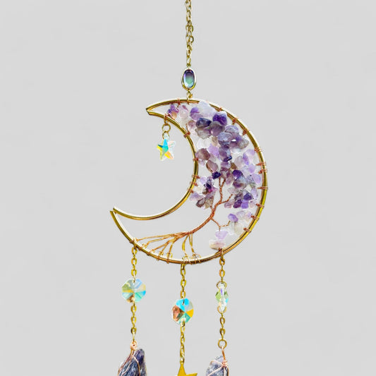 Gold Metal Crescent Moon Dreamcatcher Suncatcher with Tree of Life Amethyst Stones & Hanging Jewel Charms -- Window Hanging or Wall Hanging