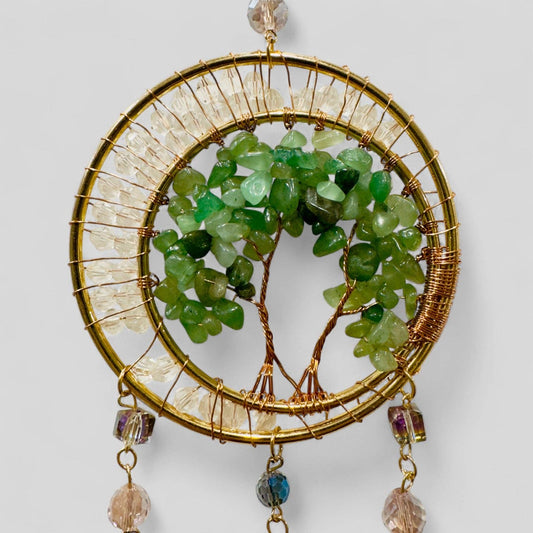 Gold Metal Dual Ring Dreamcatcher with 2 Trees of Life Aventurine Stones & Hanging Jewel Charms -- Rearview Mirror Hanging or Wall Hanging