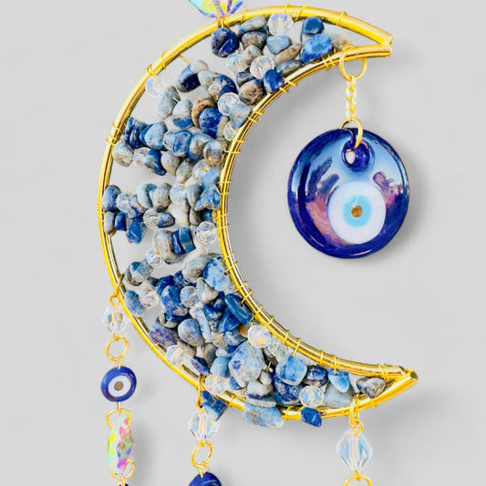 Gold Metal Crescent Moon Dreamcatcher Suncatcher with Hanging Evil Eye Charm and Prisms -- Window Hanging or Wall Hanging
