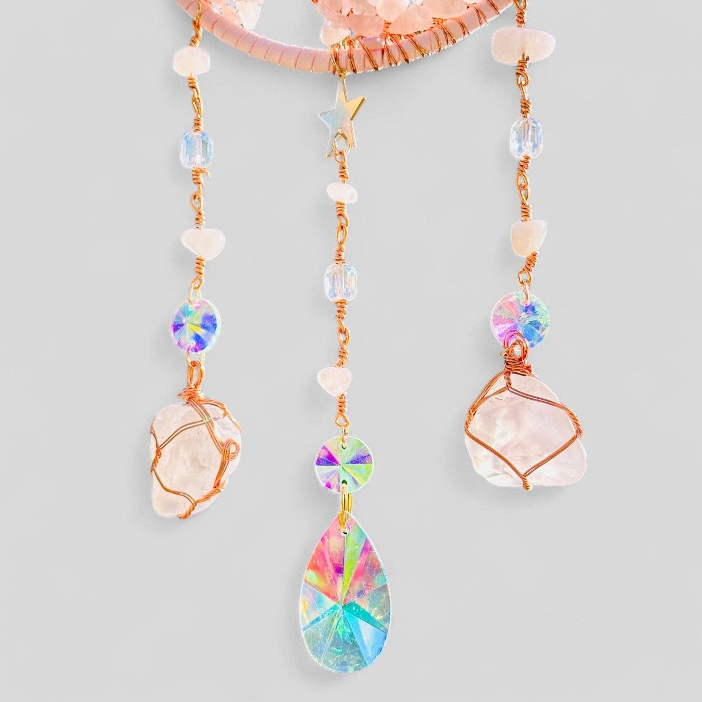 Pink Crescent Moon Dreamcatcher Suncatcher with Hanging Rose Quartz Charm -- Window Hanging or Wall Hanging