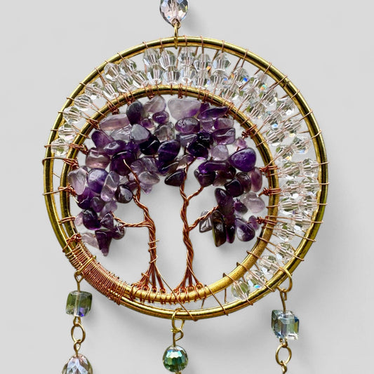 Gold Metal Dual Ring Dreamcatcher with 2 Trees of Life Amethyst Stones & Hanging Jewel Charms -- Rearview Mirror Hanging or Wall Hanging
