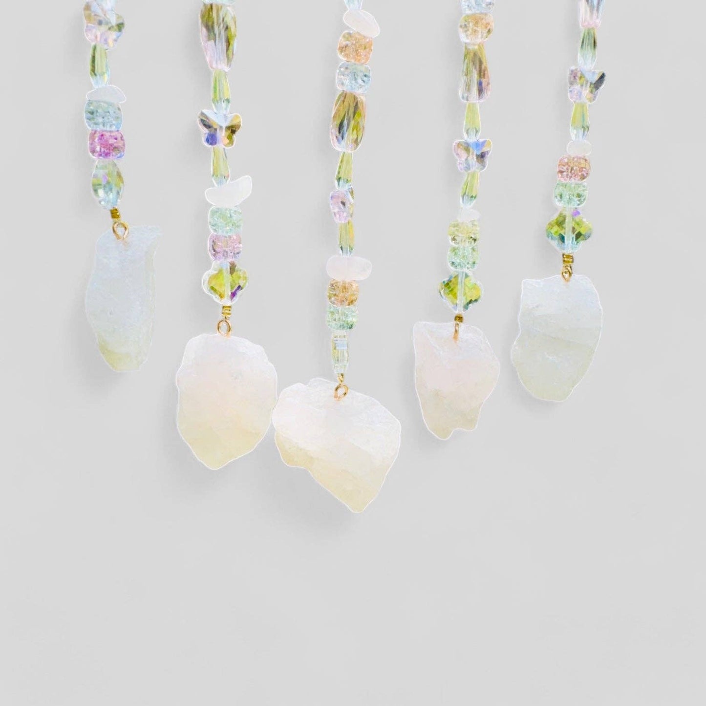 Gold Metal Crescent Moon Dreamcatcher Suncatcher with Rose Quartz Tree of Life & Hanging Jewel Charms -- Window Hanging or Wall Hanging