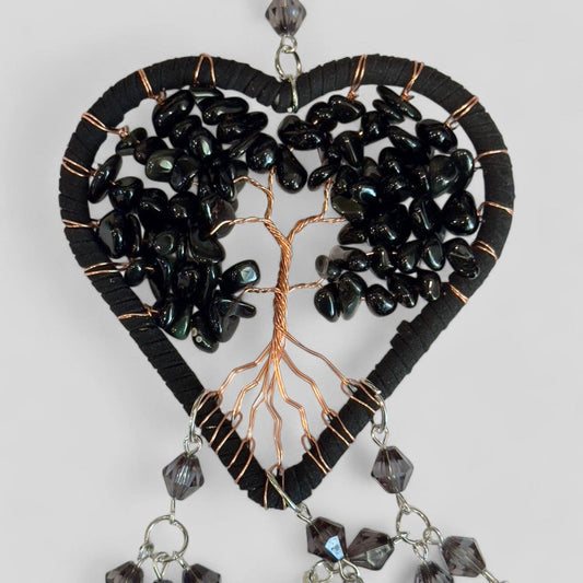Handmade Black Heart Shape Tree of Life Dreamcatcher with Black Feathers - Black Obsidian Rearview Mirror Hanging or Wall Hanging