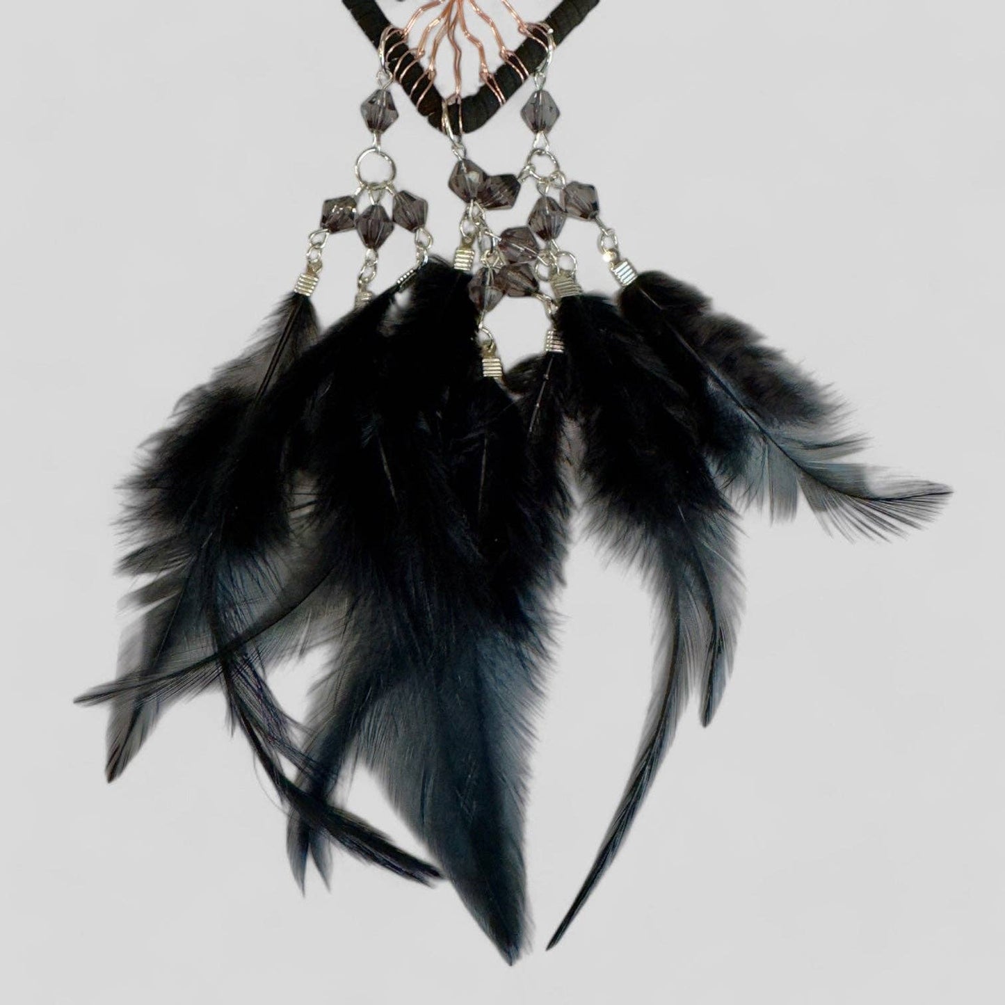 Handmade Black Heart Shape Tree of Life Dreamcatcher with Black Feathers - Black Obsidian Rearview Mirror Hanging or Wall Hanging