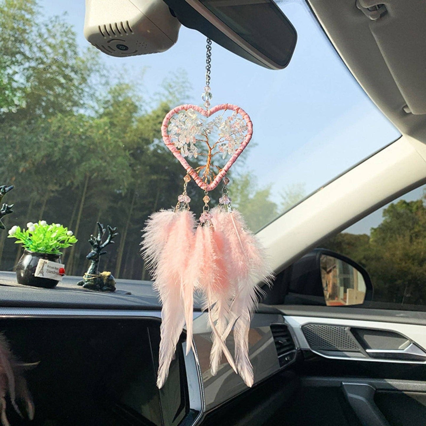 Handmade Pink Heart Shape Tree of Life Dreamcatcher with Pink Feathers - Rose Quartz Rearview Mirror Hanging or Wall Hanging