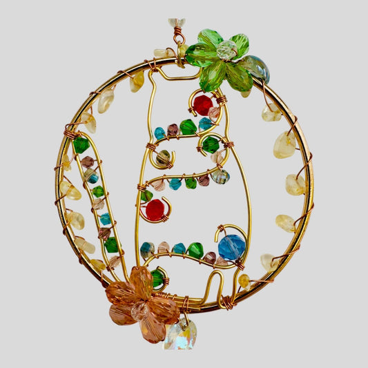 Gold Metal Cat Suncatcher with Colorful Beads and Shimmering Crystals -- Window Hanging or Wall Hanging
