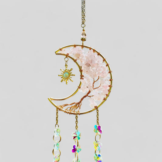 Gold Metal Crescent Moon Dreamcatcher Suncatcher with Tree of Life Rose Quartz & Hanging Jewel Charms -- Window Hanging or Wall Hanging