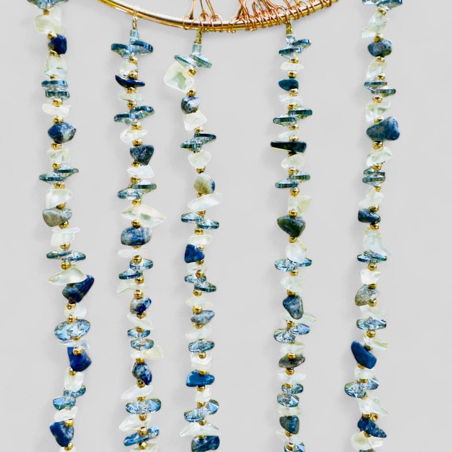 Gold Metal Crescent Moon Dreamcatcher Suncatcher with Lapis Lazuli Tree of Life & Hanging Jewel Charms