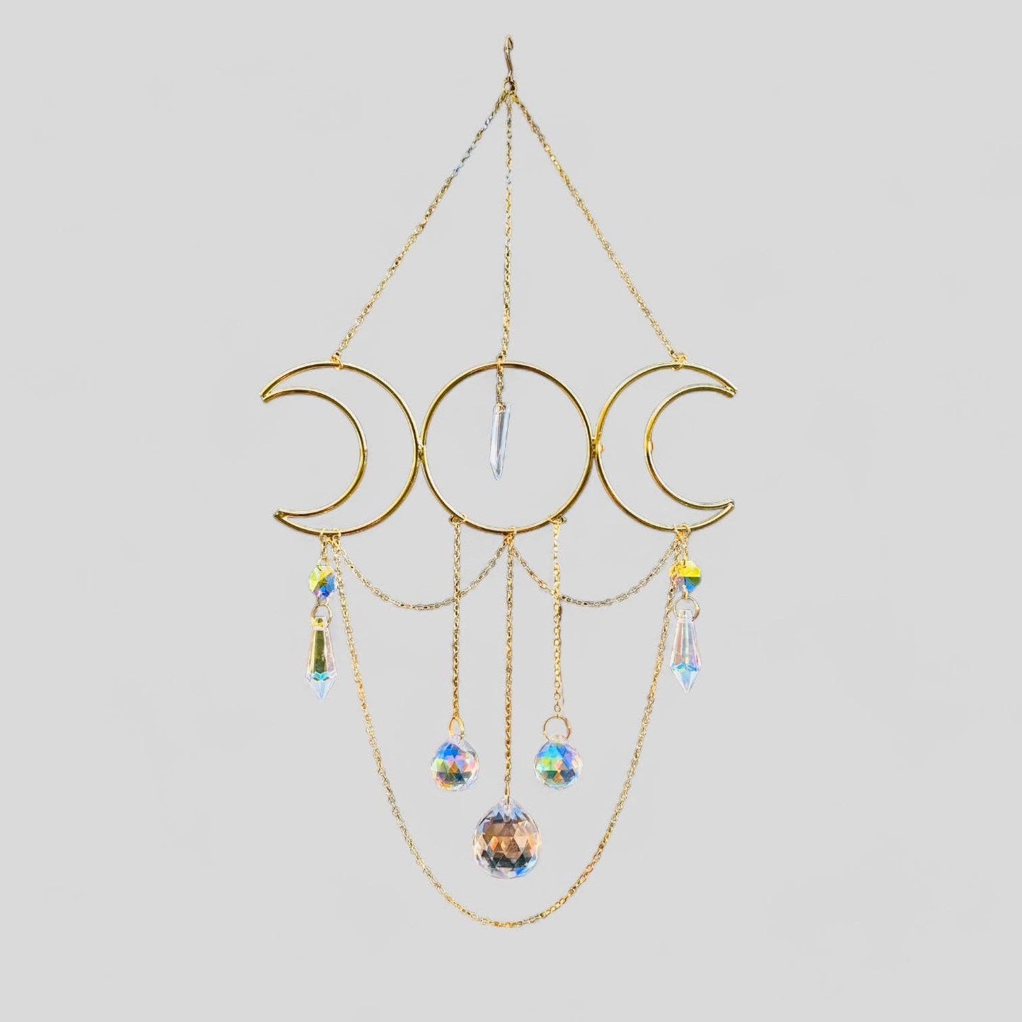 Gold Metal Moon Phases Suncatcher with Hanging Jewel Charms -- Window Hanging or Wall Hanging