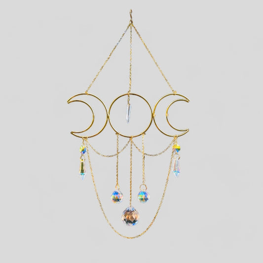 Gold Metal Moon Phases Suncatcher with Hanging Jewel Charms -- Window Hanging or Wall Hanging