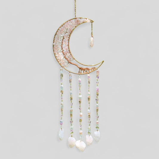 Gold Metal Crescent Moon Dreamcatcher Suncatcher with Rose Quartz Tree of Life & Hanging Jewel Charms -- Window Hanging or Wall Hanging