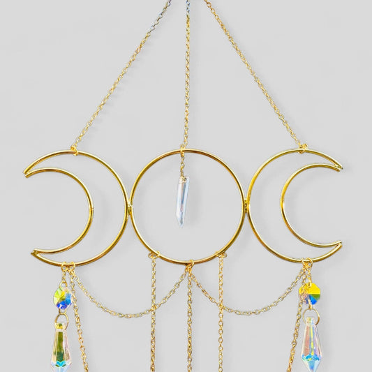 Gold Metal Moon Phases Suncatcher with Hanging Jewel Charms -- Window Hanging or Wall Hanging