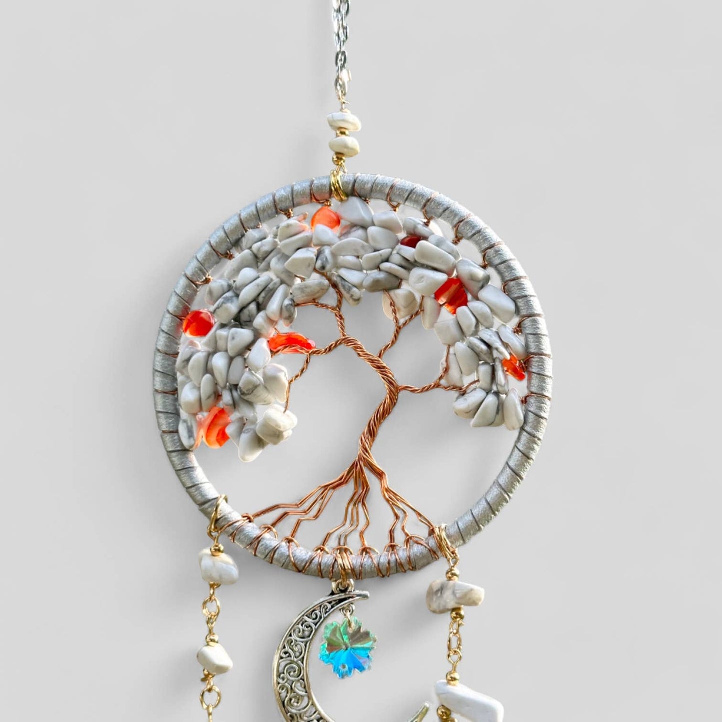 Handmade Tree of Life Dreamcatcher with Crescent Moon Charm - Rearview Mirror Suncatcher Hanging or Wall Hanging - White Stones