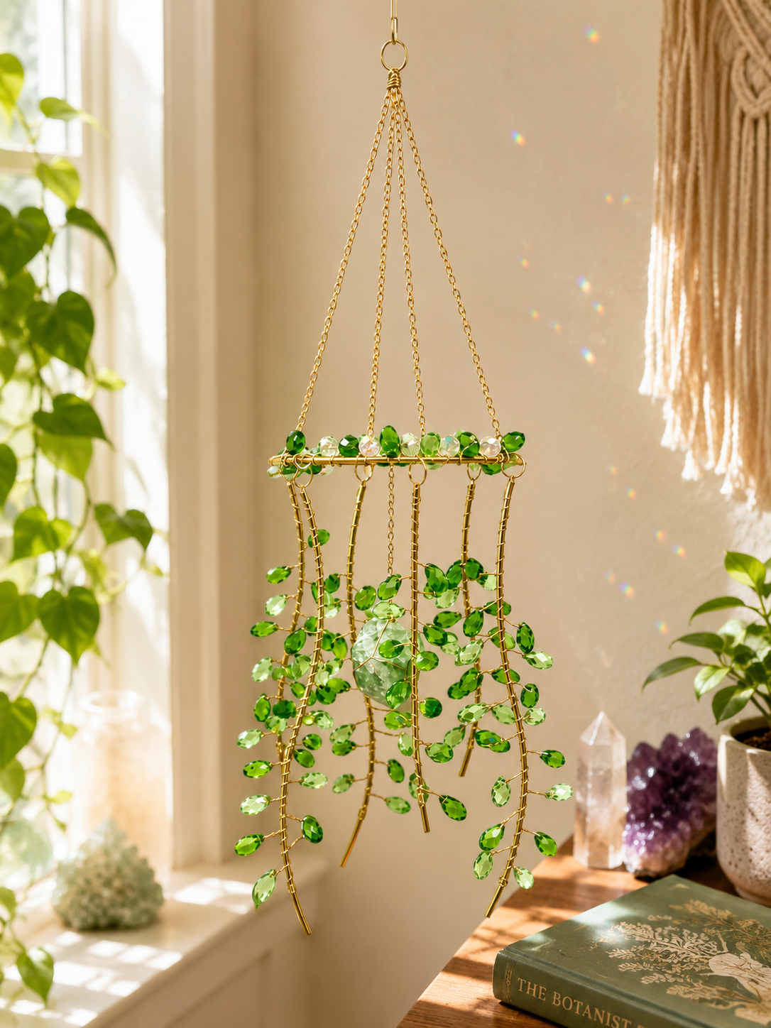 Hanging Gold Metal Suncatcher with Green and Clear Prismatic Beads & Natural Stone - Jelly Fish
