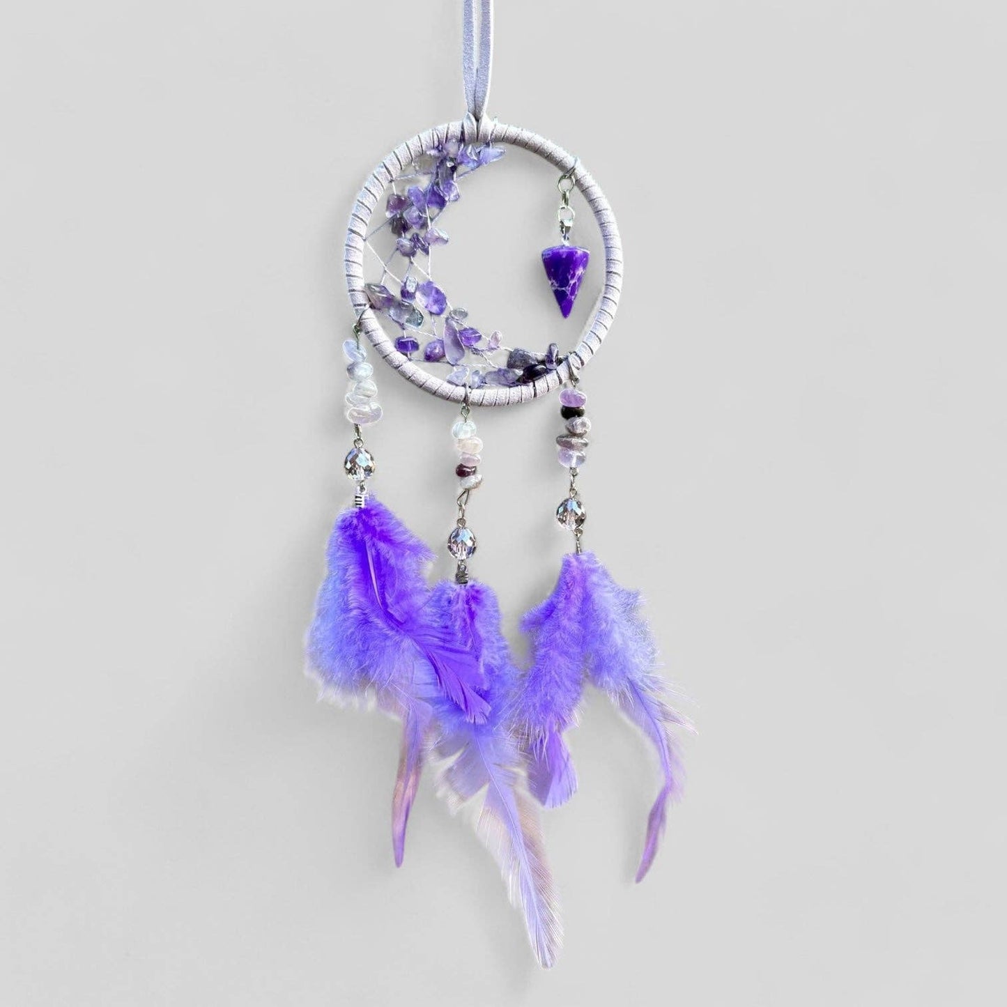 Purple Crescent Moon Dreamcatcher with Purple Feathers & Hanging Charm - Amethyst Stones -- Rearview Mirror Hanging or Wall Hanging