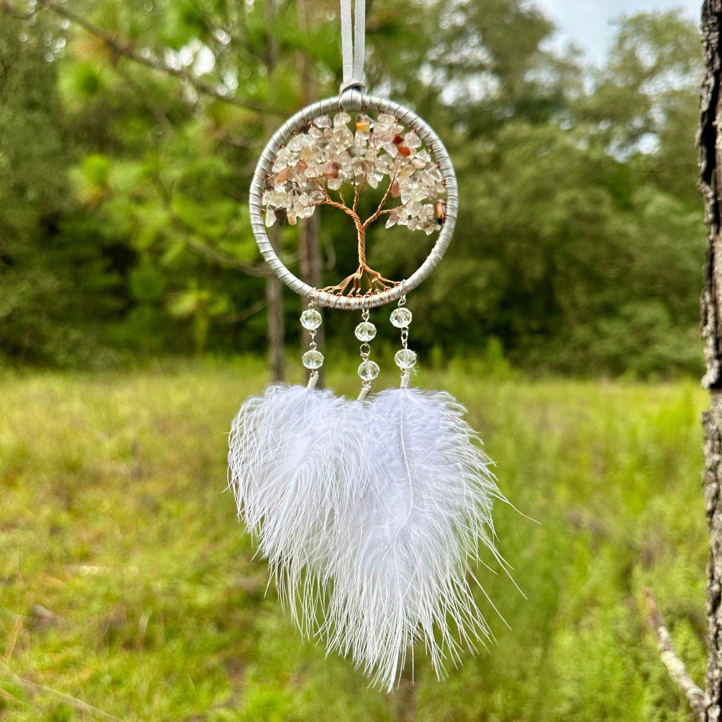 Handmade White Tree of Life Dreamcatcher with White Feathers -  Rearview Mirror Hanging or Wall Hanging