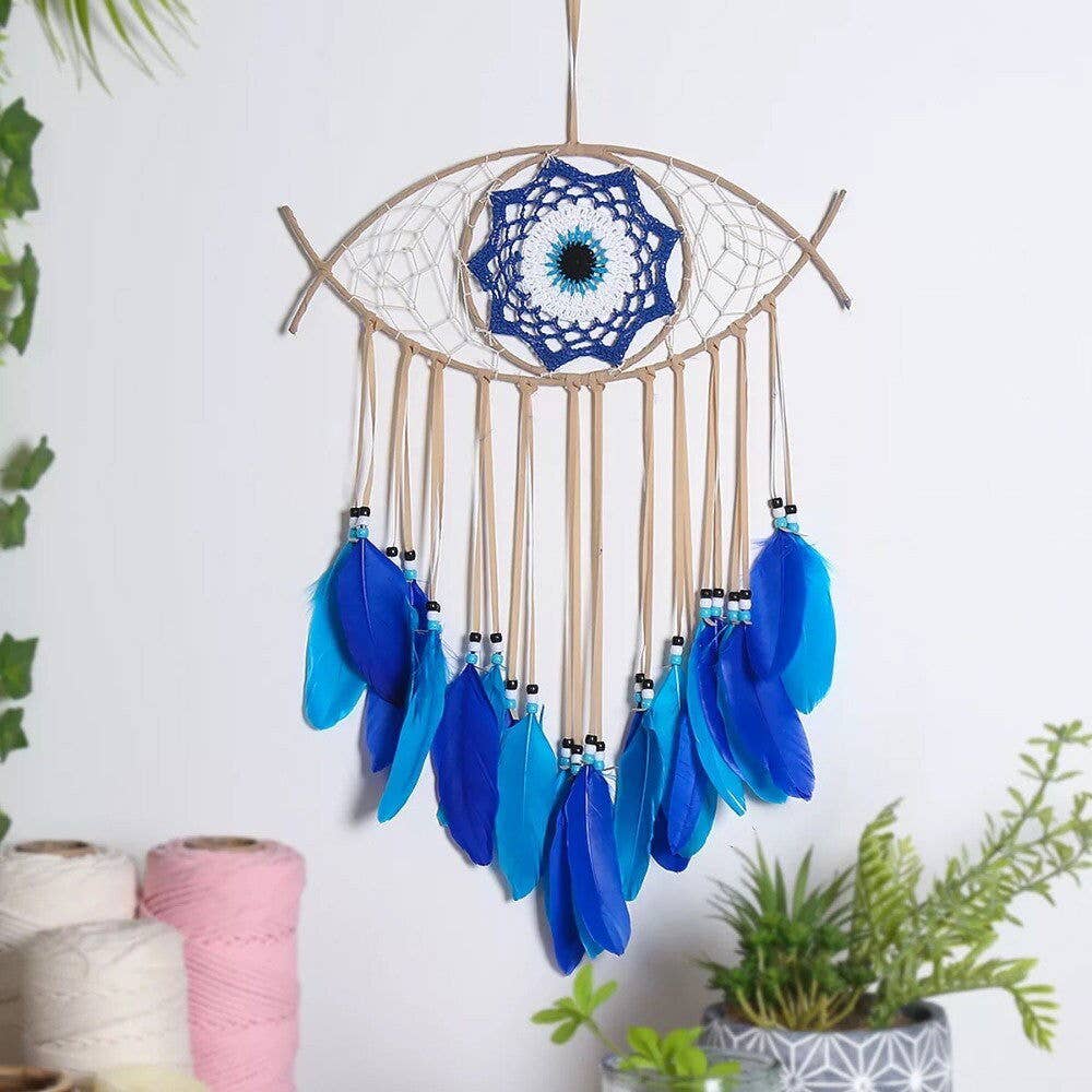 Large Wall Hanging Evil Eye Nazar Boncuk Mal De Ojo Dream Catcher with Feathers, Modern Boho Style Home Decor