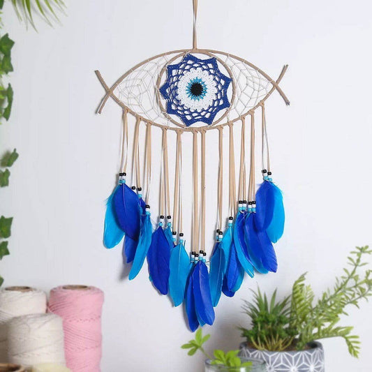 Large Wall Hanging Evil Eye Nazar Boncuk Mal De Ojo Dream Catcher with Feathers, Modern Boho Style Home Decor