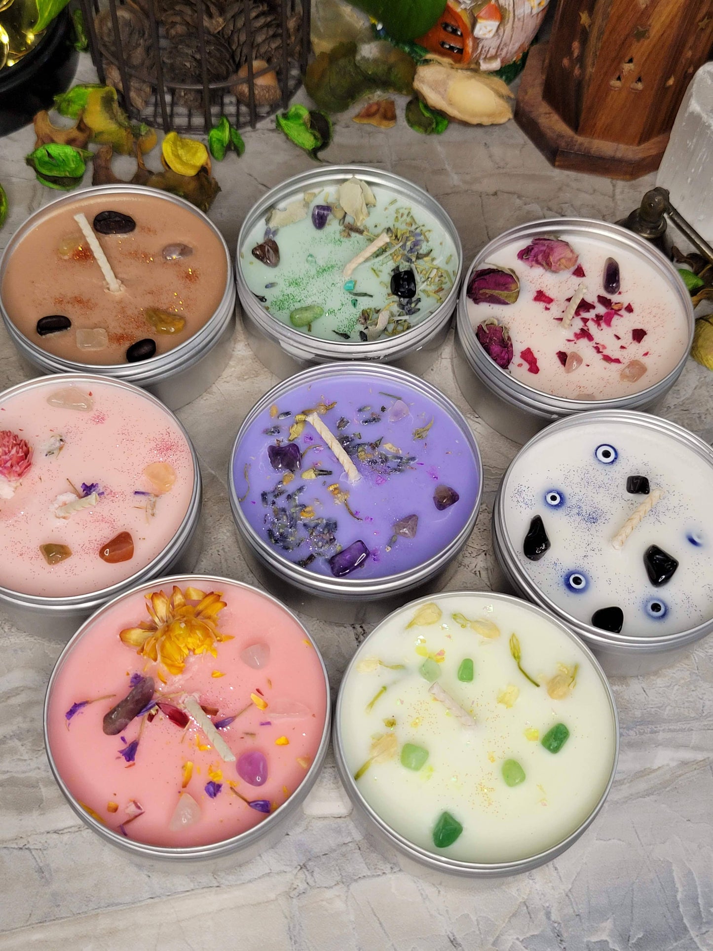 Crystal Candles 4oz Crystals Aromatherapy Flowers