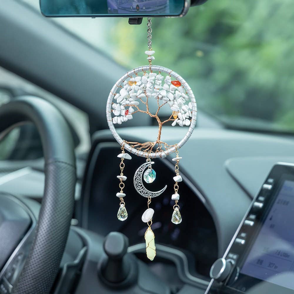 Handmade Tree of Life Dreamcatcher with Crescent Moon Charm - Rearview Mirror Suncatcher Hanging or Wall Hanging - White Stones