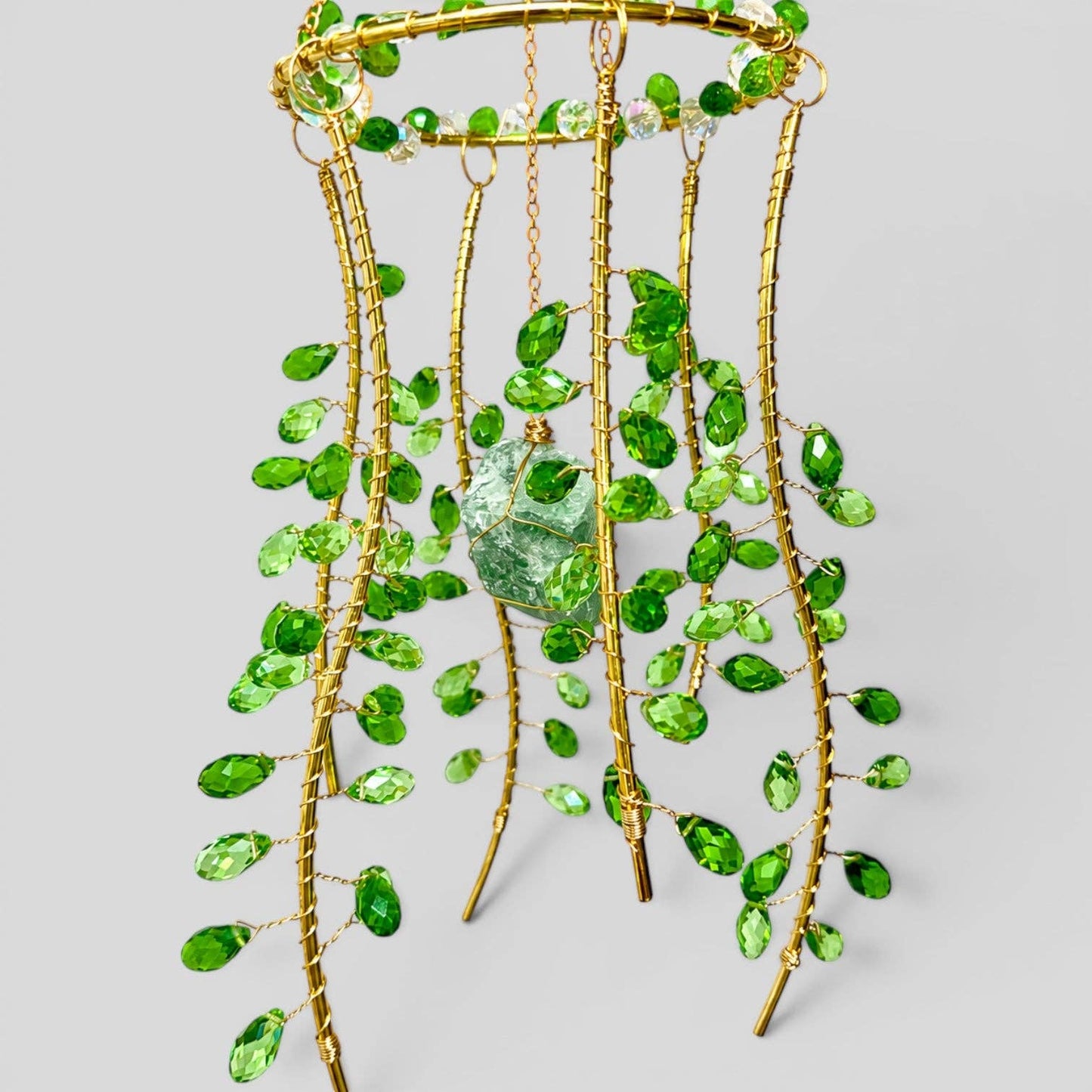 Hanging Gold Metal Suncatcher with Green and Clear Prismatic Beads & Natural Stone - Jelly Fish