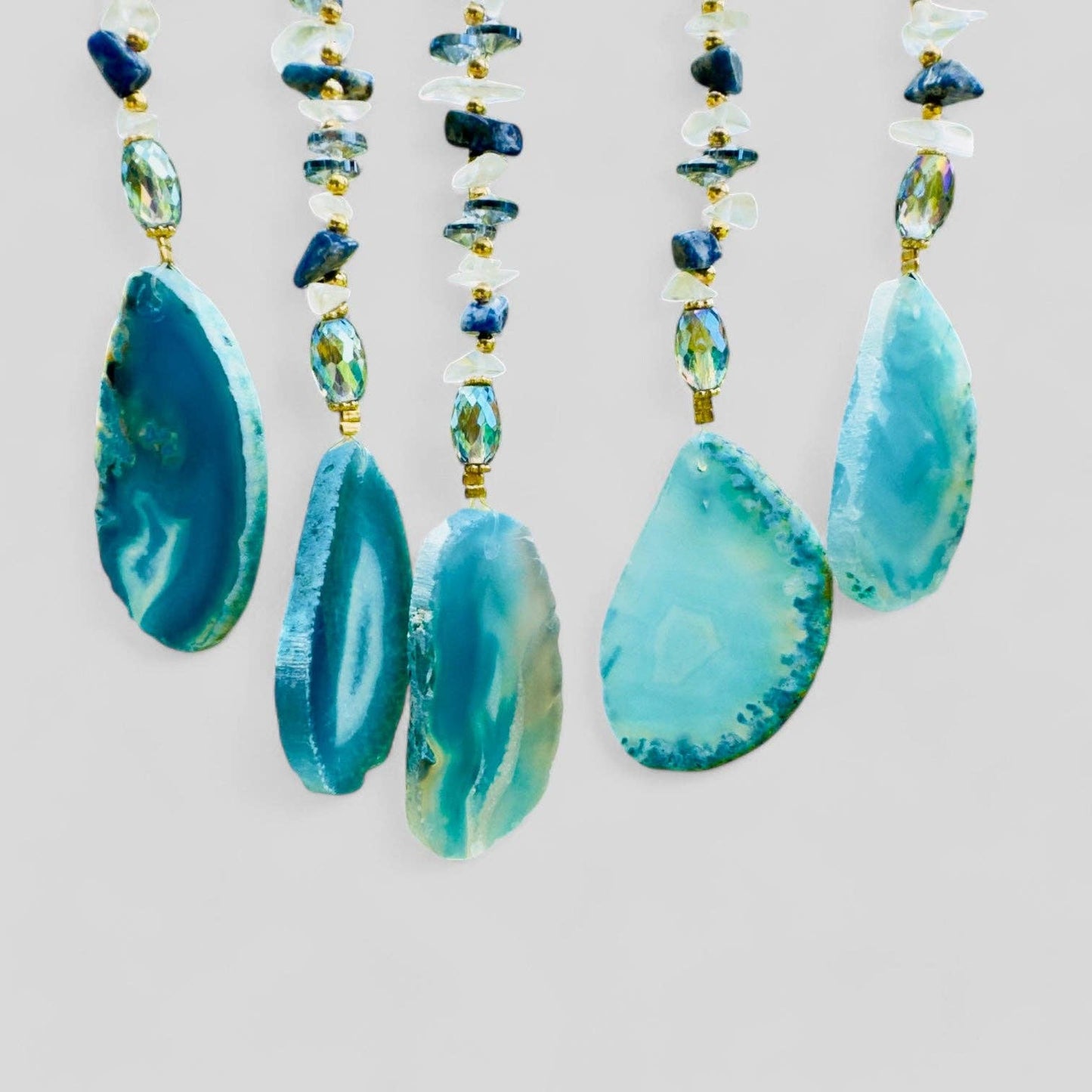 Gold Metal Crescent Moon Dreamcatcher Suncatcher with Lapis Lazuli Tree of Life & Hanging Jewel Charms