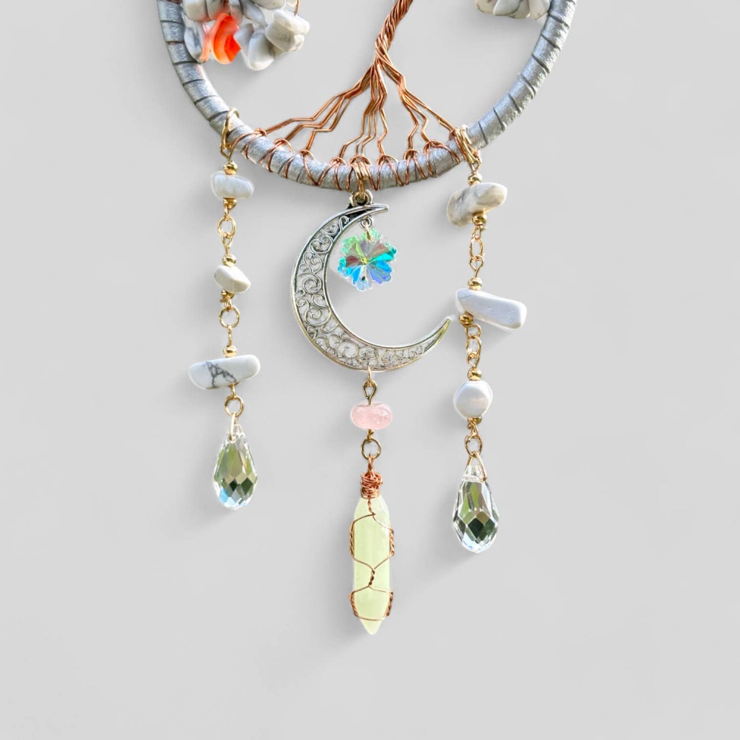 Handmade Tree of Life Dreamcatcher with Crescent Moon Charm - Rearview Mirror Suncatcher Hanging or Wall Hanging - White Stones