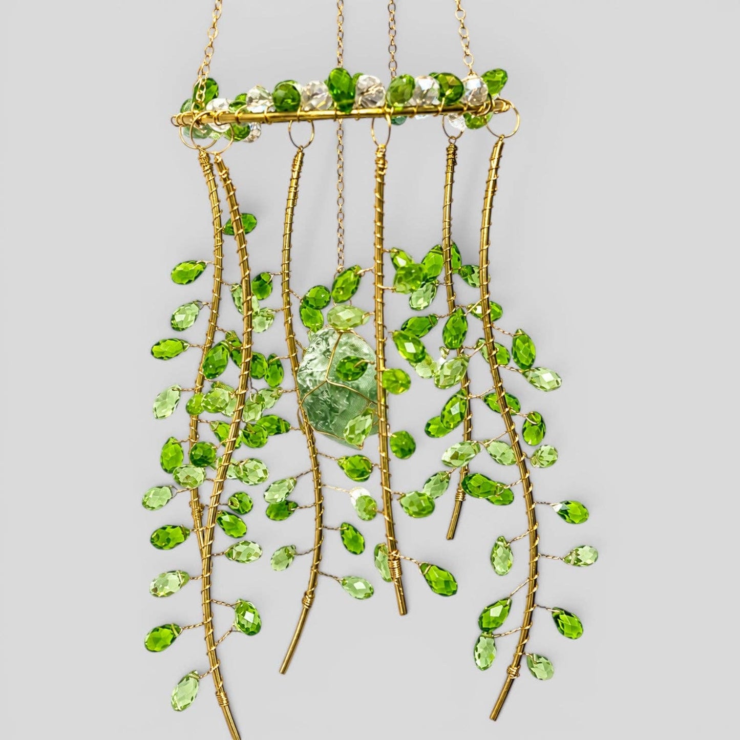 Hanging Gold Metal Suncatcher with Green and Clear Prismatic Beads & Natural Stone - Jelly Fish