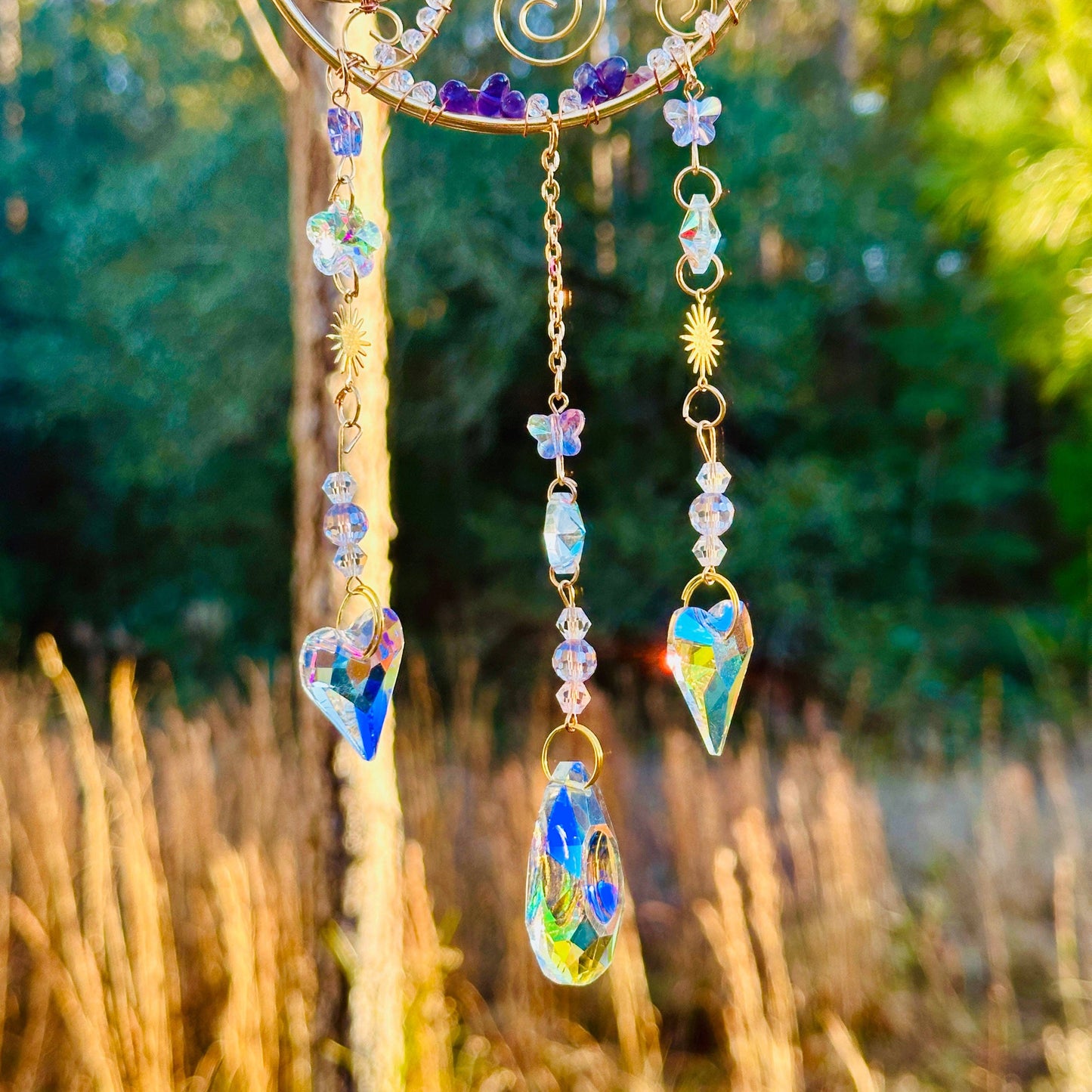 Gold Metal Crescent Moon Dreamcatcher Suncatcher with Swirls & Hanging Butterfly and Heart Jewel Charms  -- Window Hanging or Wall Hanging