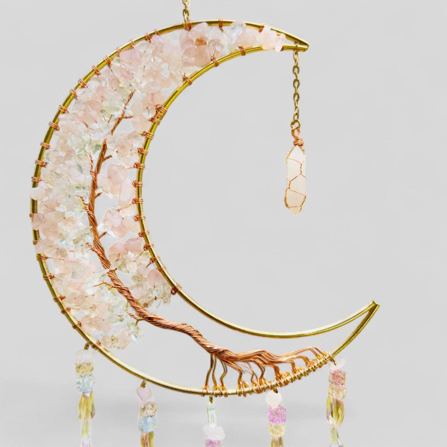 Gold Metal Crescent Moon Dreamcatcher Suncatcher with Rose Quartz Tree of Life & Hanging Jewel Charms -- Window Hanging or Wall Hanging