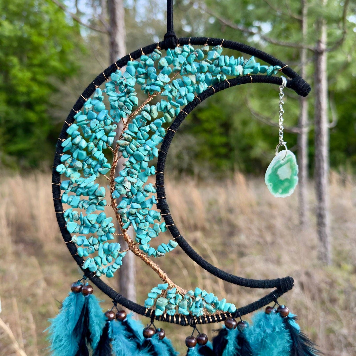 Medium Wall Hanging Crescent Moon Dream Catcher with Turquoise Stones & Hanging Stone Charm with Turquoise Black Feathers Modern Home Decor