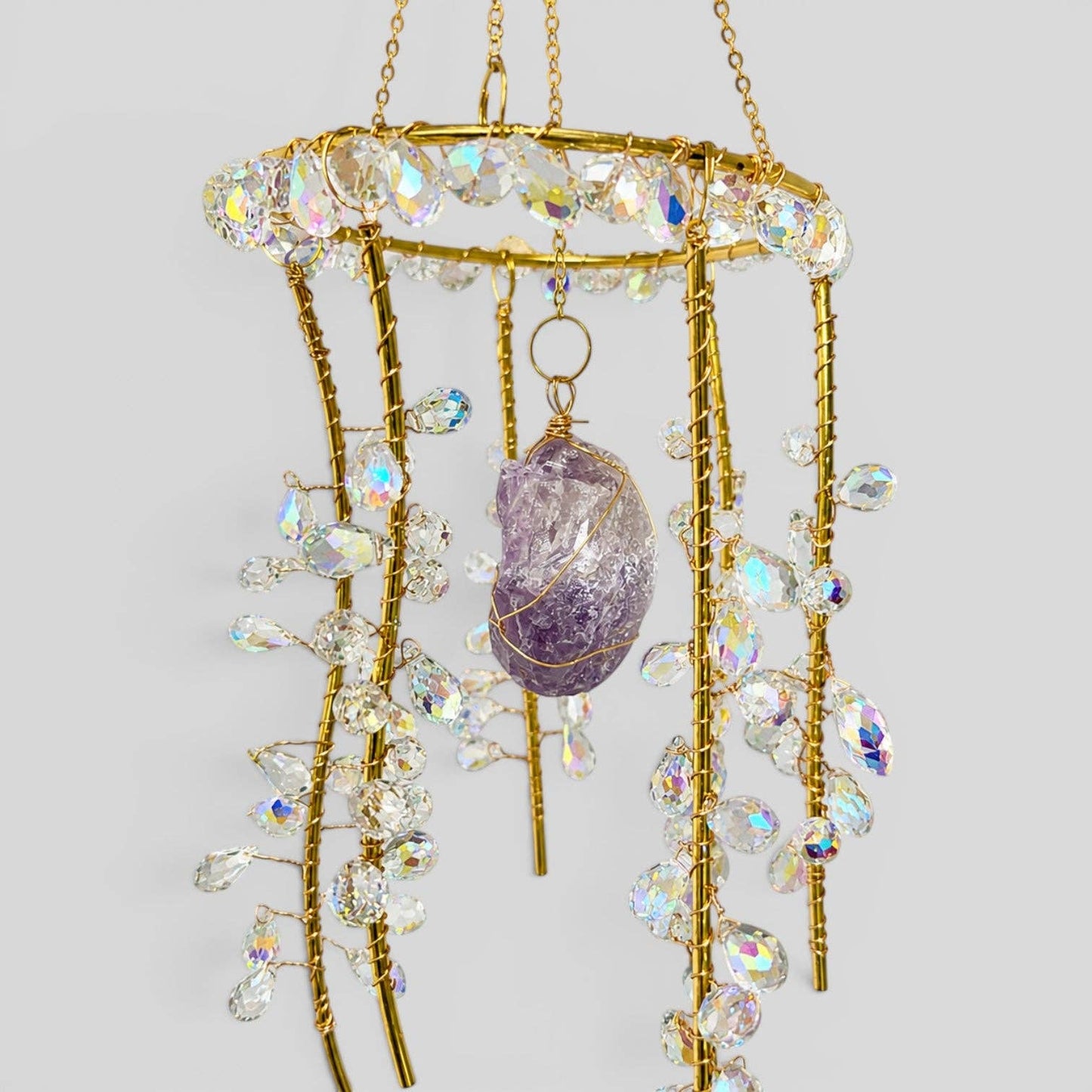 Hanging Gold Metal Suncatcher with Clear Prismatic Beads & Amethyst Stone - Jelly Fish