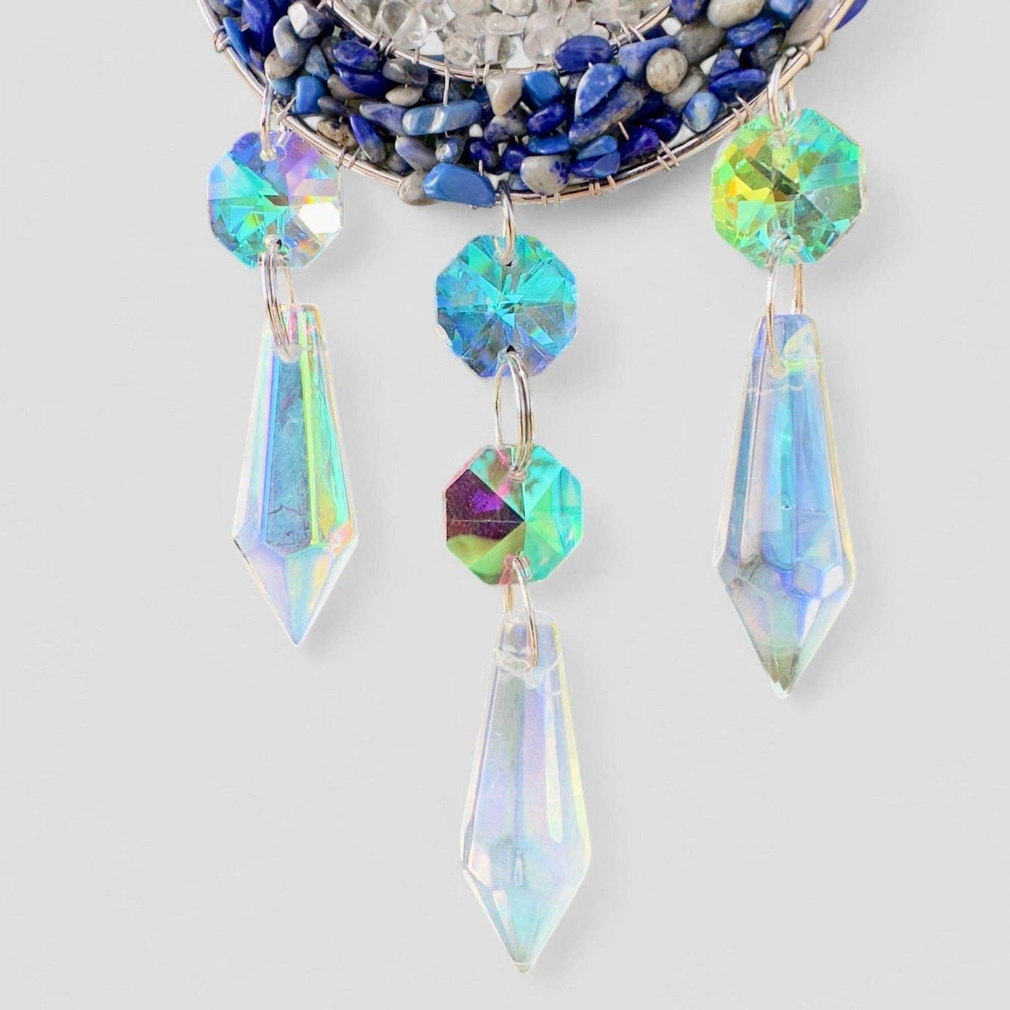 Handmade Evil Eye Nazar Boncuk Pendant with Hanging Prism Crystals for Rearview Mirror Hanging or Wall Hanging Lapis Lazuli, Crystal, Apatite