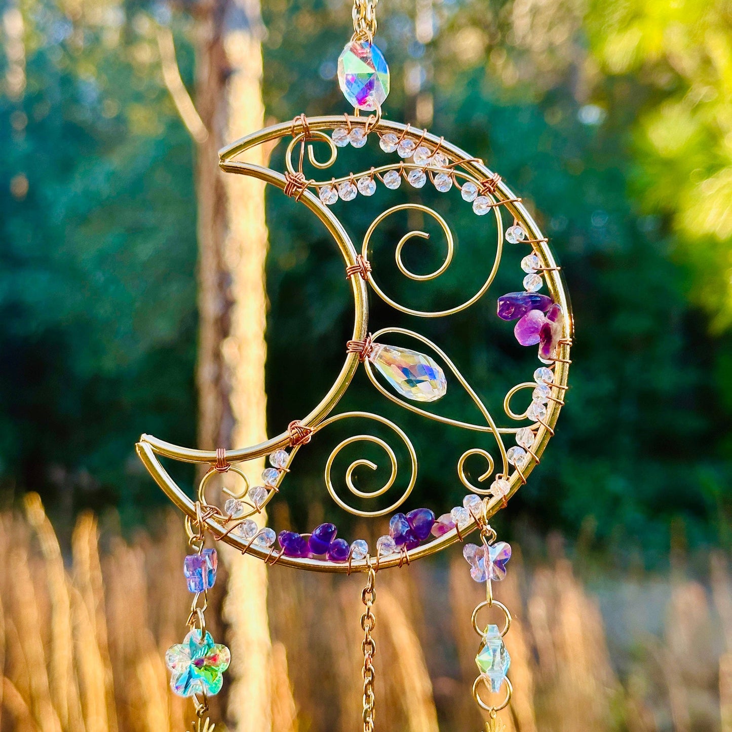Gold Metal Crescent Moon Dreamcatcher Suncatcher with Swirls & Hanging Butterfly and Heart Jewel Charms  -- Window Hanging or Wall Hanging