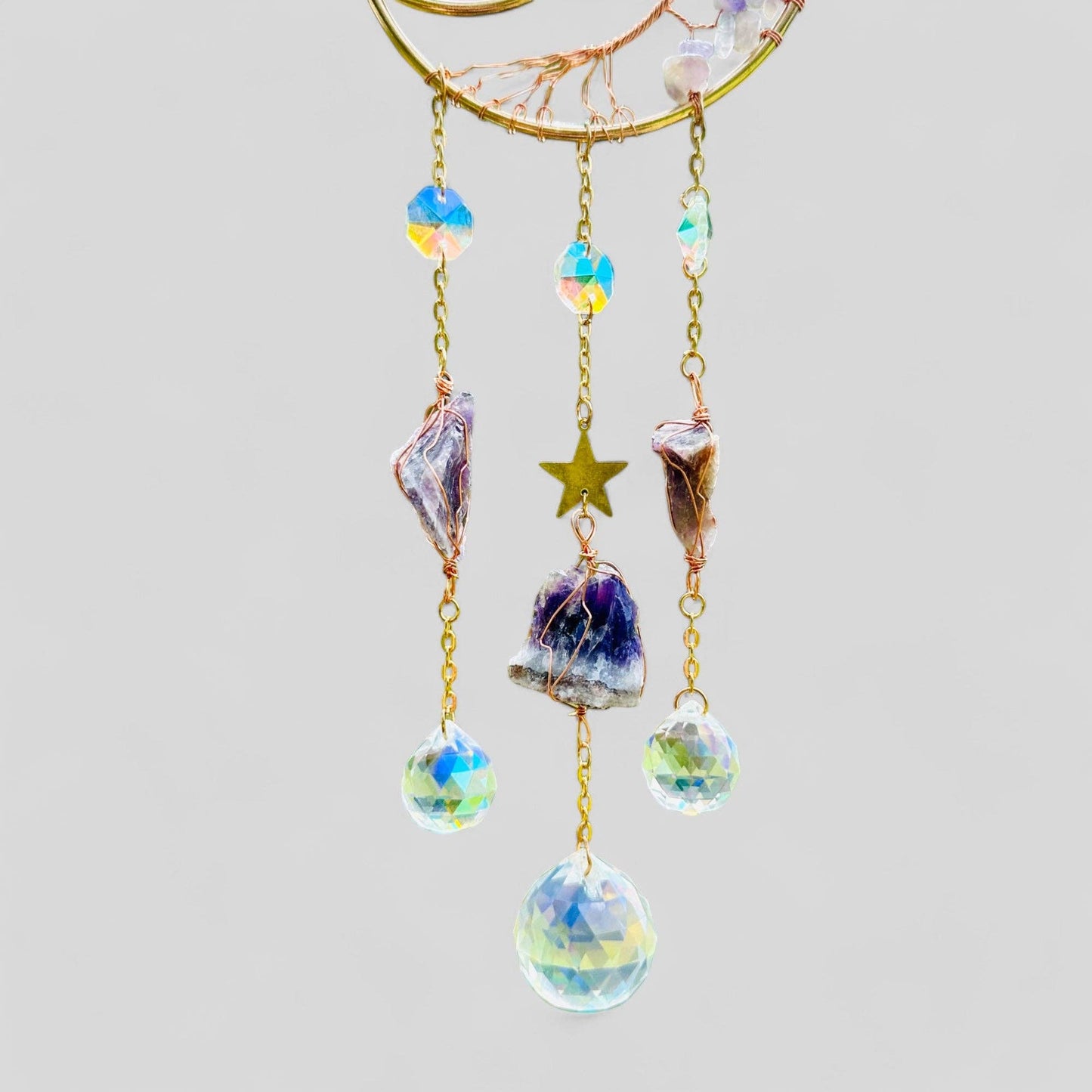 Gold Metal Crescent Moon Dreamcatcher Suncatcher with Tree of Life Amethyst Stones & Hanging Jewel Charms  -- Window Hanging or Wall Hanging