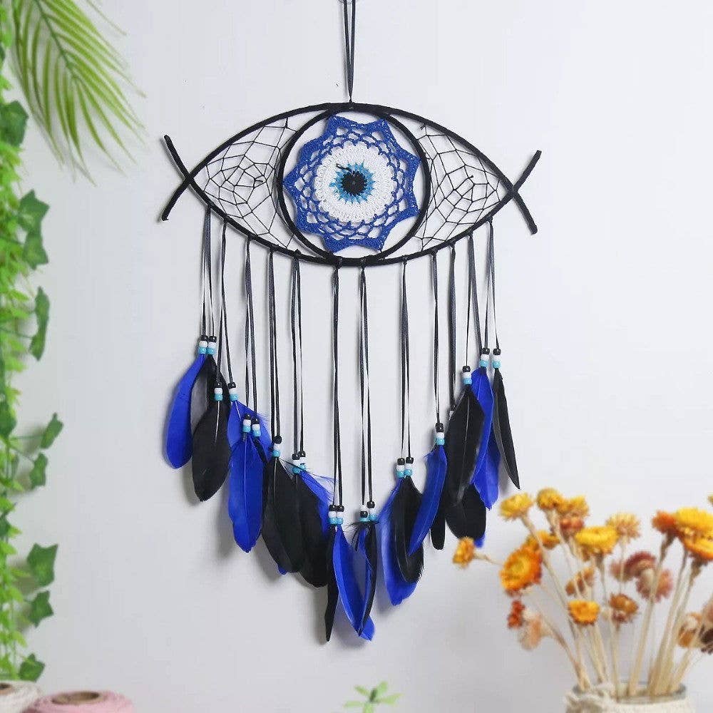 Large Wall Hanging Evil Eye Nazar Boncuk Mal De Ojo Dream Catcher with Feathers, Modern Boho Style Home Decor