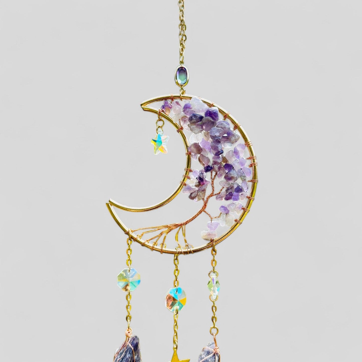 Gold Metal Crescent Moon Dreamcatcher Suncatcher with Tree of Life Amethyst Stones & Hanging Jewel Charms  -- Window Hanging or Wall Hanging