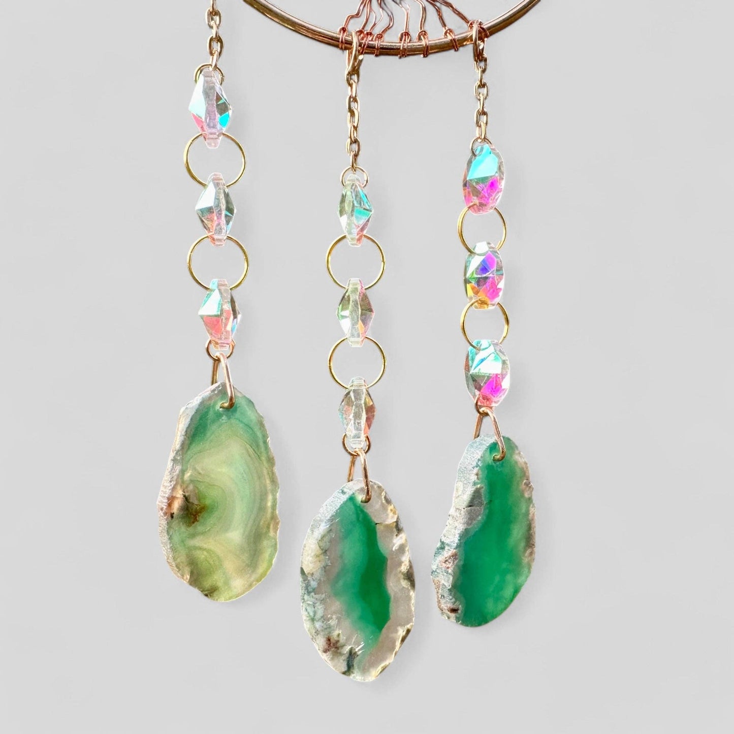 Gold Metal Crescent Moon Dreamcatcher Suncatcher with Green Tree of Life Aventurine & Hanging Jewel Charms -- Window Hanging or Wall Hanging