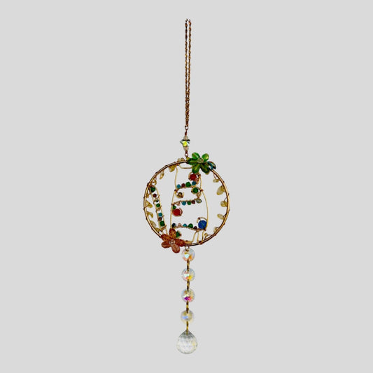 Gold Metal Cat Suncatcher with Colorful Beads and Shimmering Crystals  -- Window Hanging or Wall Hanging