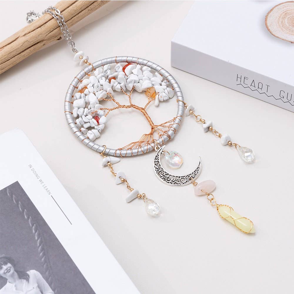 Handmade Tree of Life Dreamcatcher with Crescent Moon Charm - Rearview Mirror Suncatcher Hanging or Wall Hanging - White Stones