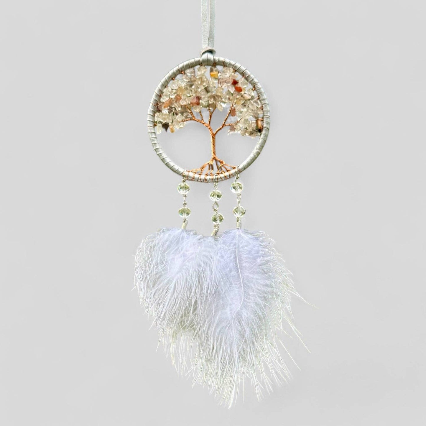 Handmade White Tree of Life Dreamcatcher with White Feathers -  Rearview Mirror Hanging or Wall Hanging