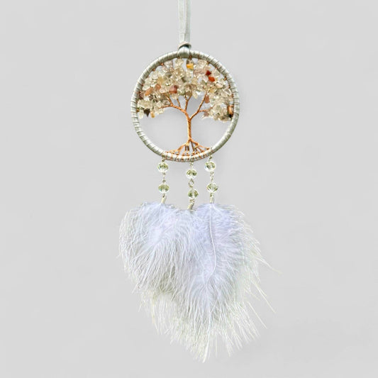 Handmade White Tree of Life Dreamcatcher with White Feathers -  Rearview Mirror Hanging or Wall Hanging