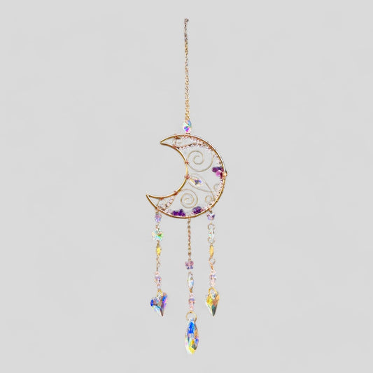 Gold Metal Crescent Moon Dreamcatcher Suncatcher with Swirls & Hanging Butterfly and Heart Jewel Charms  -- Window Hanging or Wall Hanging