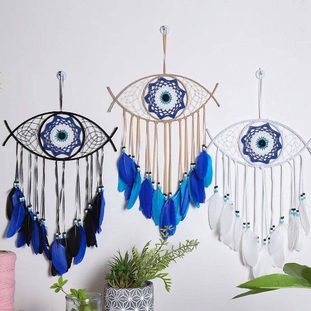 Large Wall Hanging Evil Eye Nazar Boncuk Mal De Ojo Dream Catcher with Feathers, Modern Boho Style Home Decor