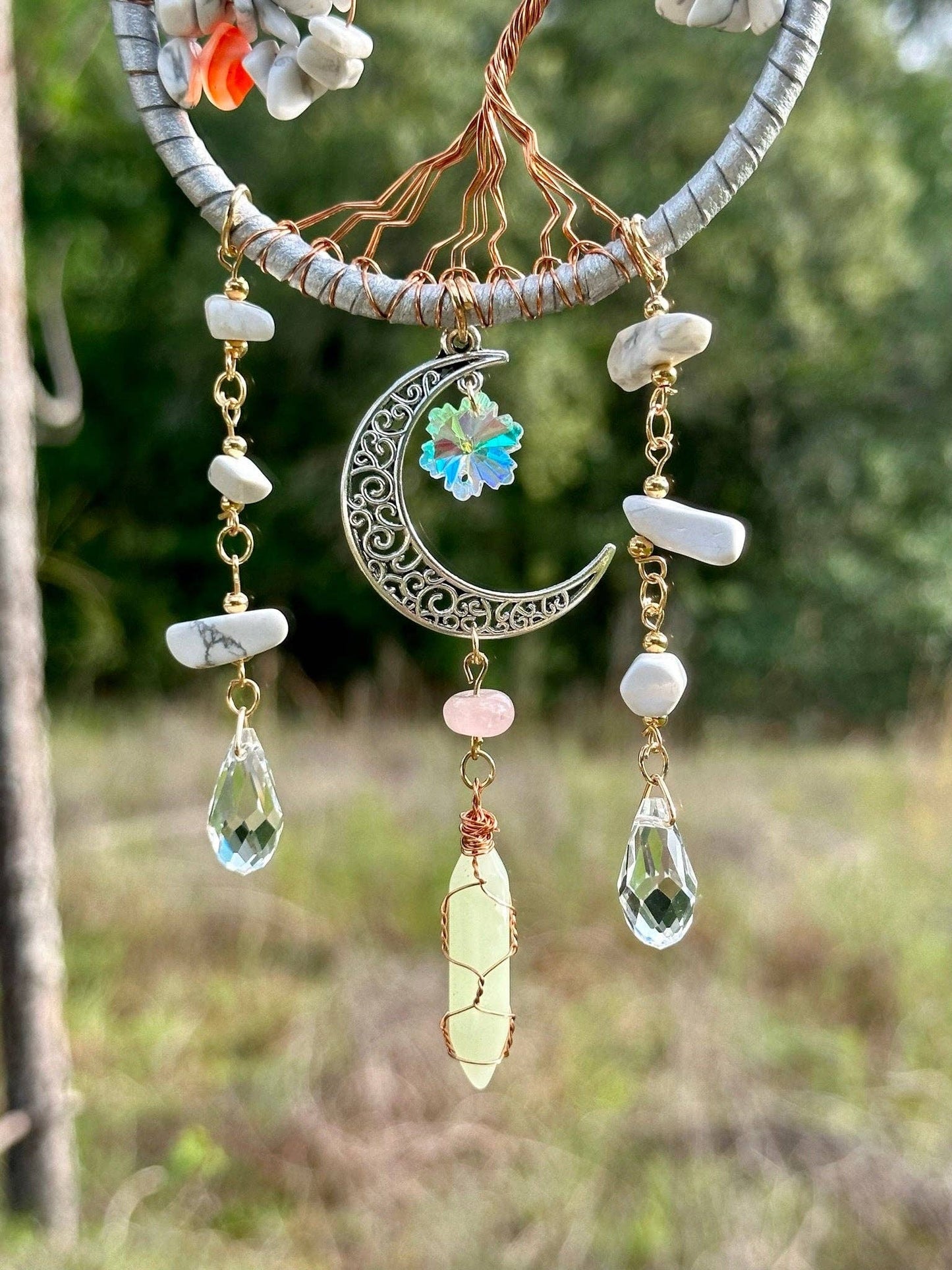 Handmade Tree of Life Dreamcatcher with Crescent Moon Charm - Rearview Mirror Suncatcher Hanging or Wall Hanging - White Stones