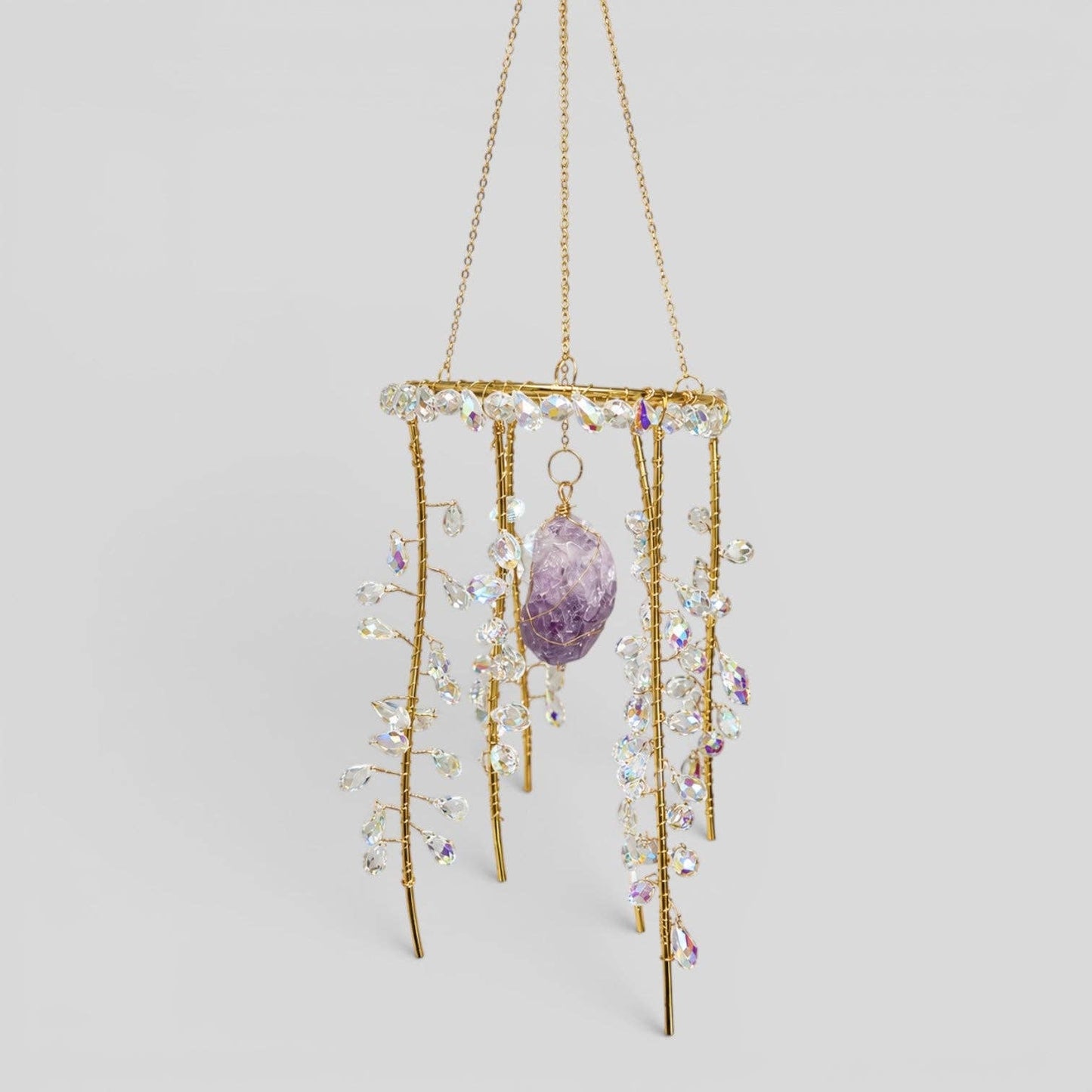 Hanging Gold Metal Suncatcher with Clear Prismatic Beads & Amethyst Stone - Jelly Fish